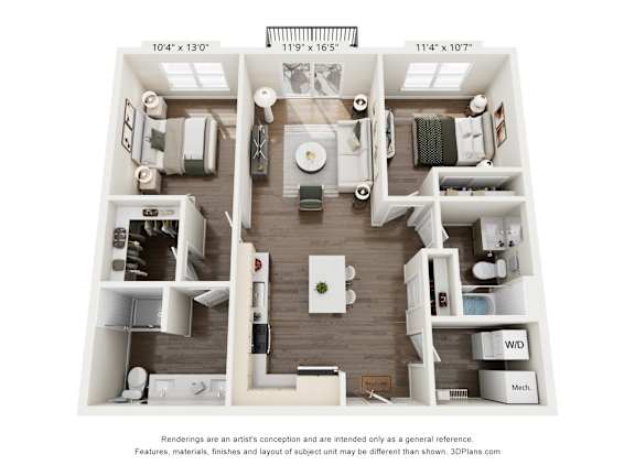 A 3D floor plan of a house with a kitchen, living room, and bathroom.