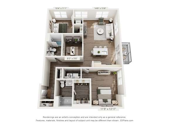 A floor plan of a two-bedroom apartment with a living room, kitchen, and bathroom.
