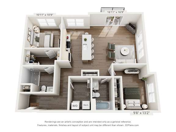 A 3D floor plan of a house with a kitchen, living room, dining room, and two bedrooms.