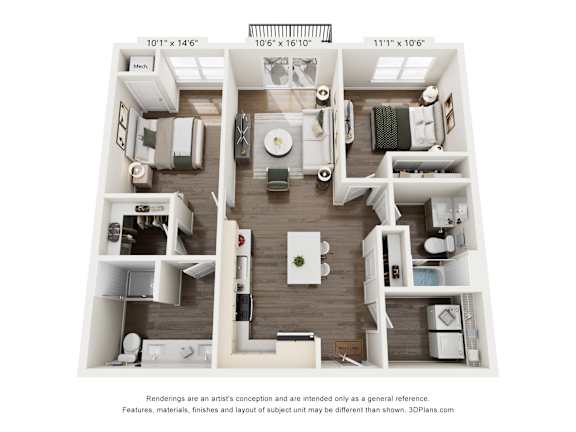 A 3D floor plan of a house with a kitchen, living room, and two bedrooms.