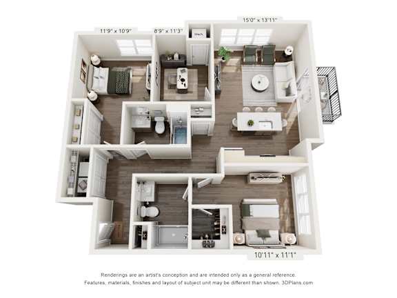 A 3D floor plan of a house with a kitchen, living room, and bathroom.