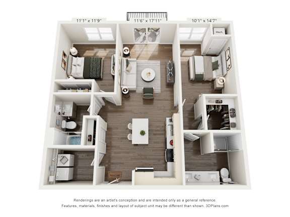 A 3D floor plan of a two-bedroom apartment with dimensions and a disclaimer.