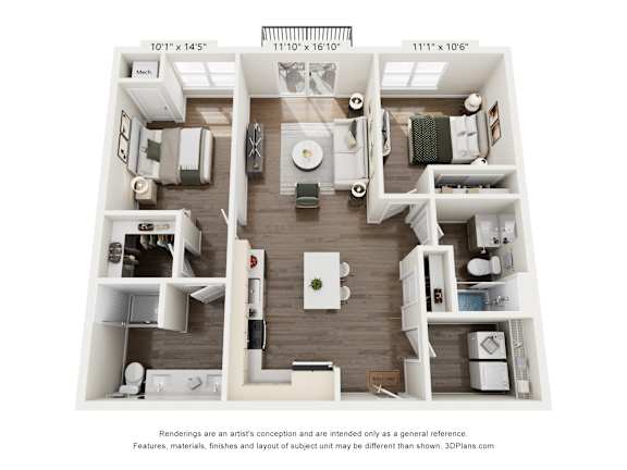 A 3D floor plan of a small apartment with a kitchen, living room, and bathroom.