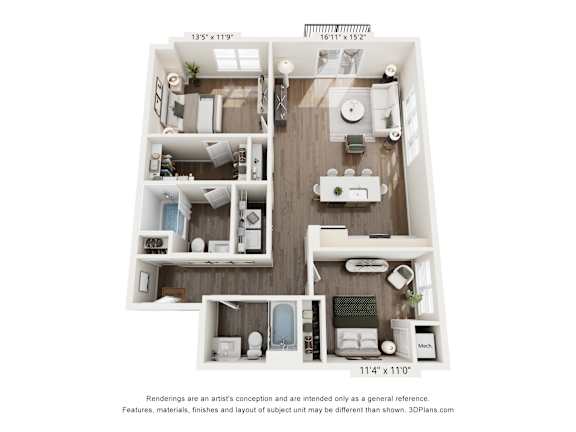 A floor plan of a small apartment with a kitchen, living room, and two bedrooms.