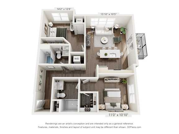 A 3D floor plan of a small apartment with a kitchen, living room, and bathroom.