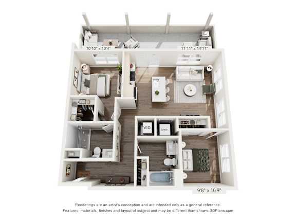 A 3D floor plan of a house with a kitchen, living room, and two bedrooms.