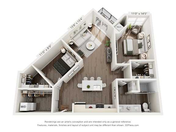 A 3D floor plan of a house with a kitchen, living room, and bathroom.