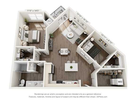 A 3D floor plan of a house with a kitchen, living room, and two bedrooms.