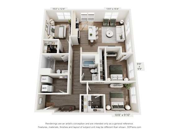 A 3D floor plan of an apartment with a kitchen, living room, bedrooms and bathrooms.