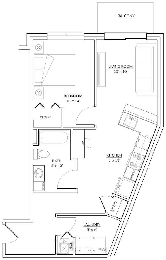 A floor plan of a home with a living room, bedroom, bathroom, kitchen, and laundry area.