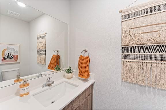 A bathroom with a white sink and a mirror.