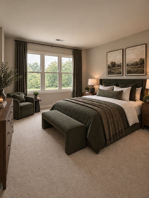 A bedroom with a large bed and a window with curtains.