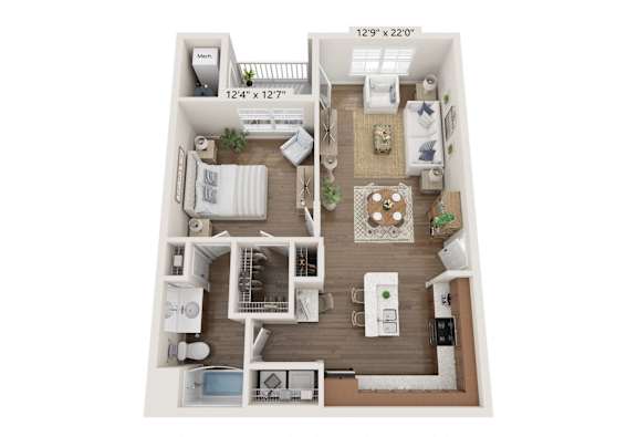 A 3D floor plan of a small apartment with a kitchen, living room, and two bedrooms.