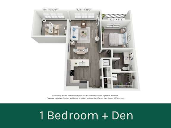 A diagram of a 1 Bedroom + Den apartment layout.