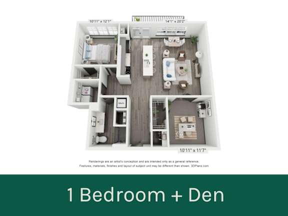 A 1 Bedroom + Den apartment layout with a living room, kitchen, and bathroom.