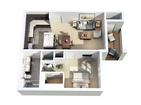 A 3D floor plan of a small apartment with a kitchen, living room, and bathroom.