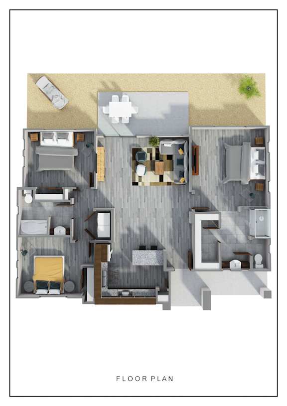A floor plan of a house with a kitchen, living room, and two bedrooms.