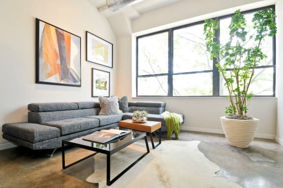 a living room with a couch and a coffee table