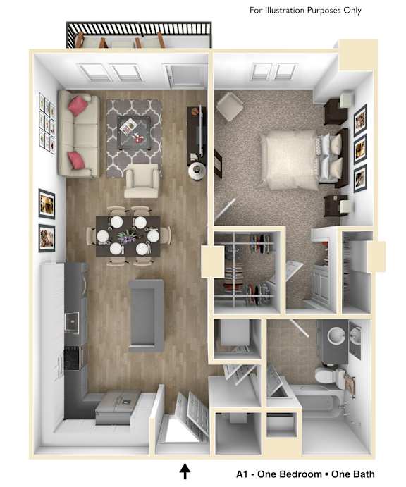 A 3D illustration of a small apartment layout with one bedroom and one bathroom.