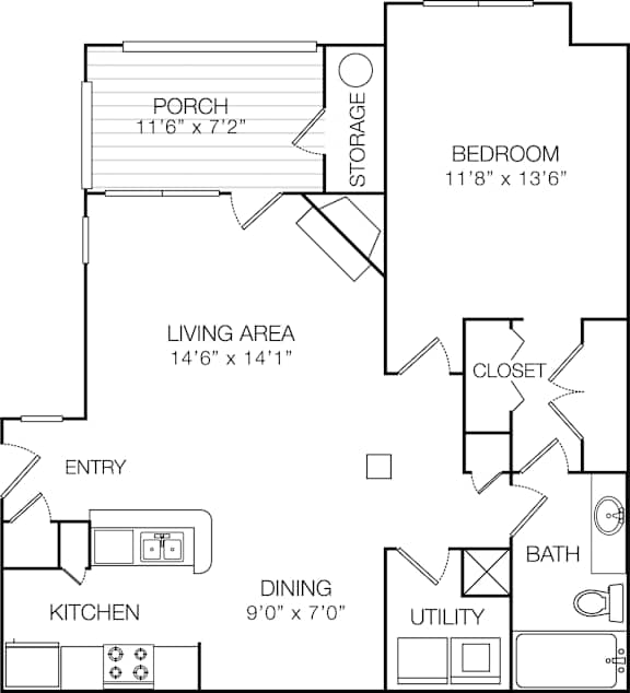 A black and white image of a floor plan for a small apartment.