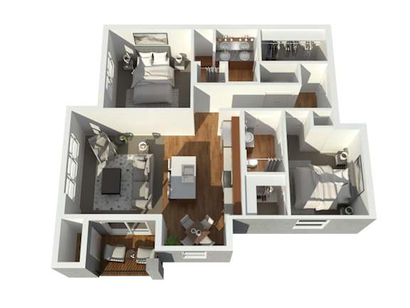 A 3D floor plan of a house with multiple rooms.