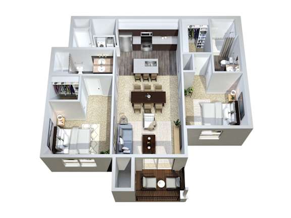 A 3D floor plan of a house with a living room, kitchen, dining room, and bedrooms.