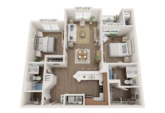 A 3D floor plan of a two-bedroom apartment with a living room, kitchen, and bathroom.