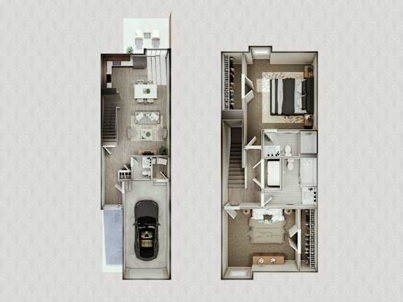 Two floor plans of a house with a car parked in the garage.