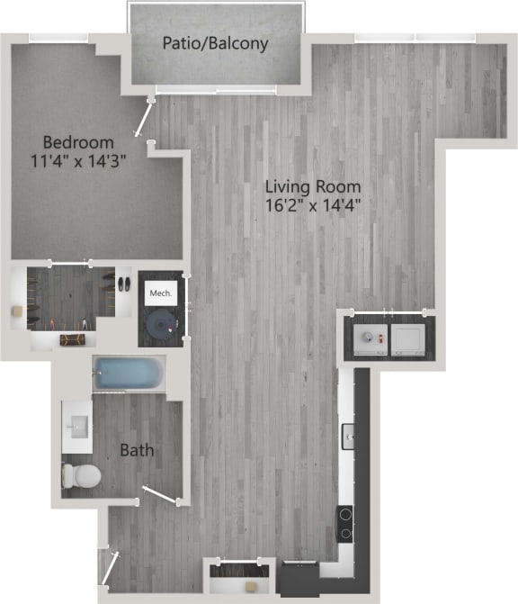 a stylized floor plan with a bedroom and a living room