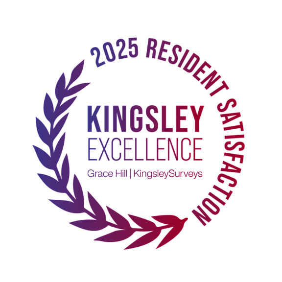 A graphic with text that reads "2025 RESIDENT SATISFACTION KINGSLEY EXCELLENCE Grace Hill | KingsleySurveys".
