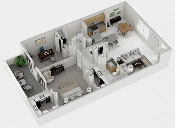 A 3D floor plan of a house with a living room, kitchen, dining room, and bedrooms.