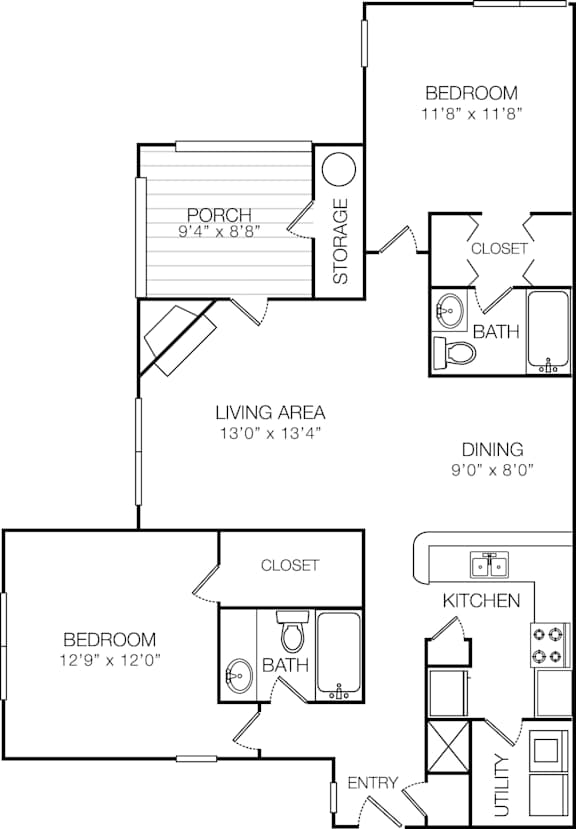 A floor plan of a small apartment with two bedrooms, a living area, a kitchen, and a dining area.
