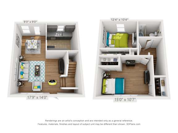 Two floor plans of a house, one with a kitchen and living room, the other with a bedroom and bathroom.