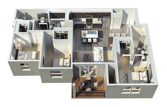 A 3D floor plan of a house with multiple rooms and furniture.