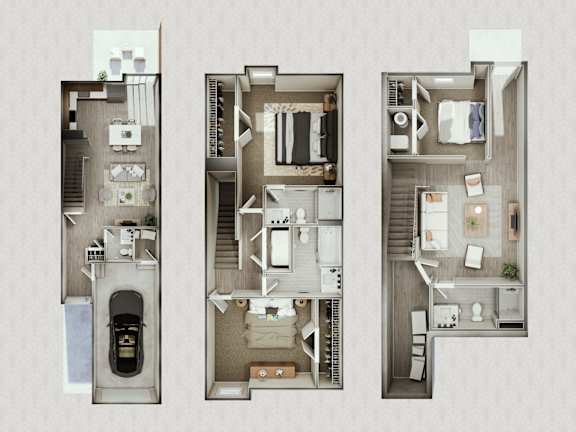 Three different layouts of a small apartment are displayed.