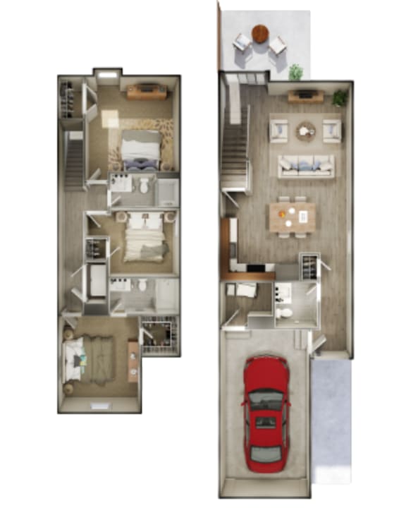 A floor plan of a house with a red car parked in the driveway.
