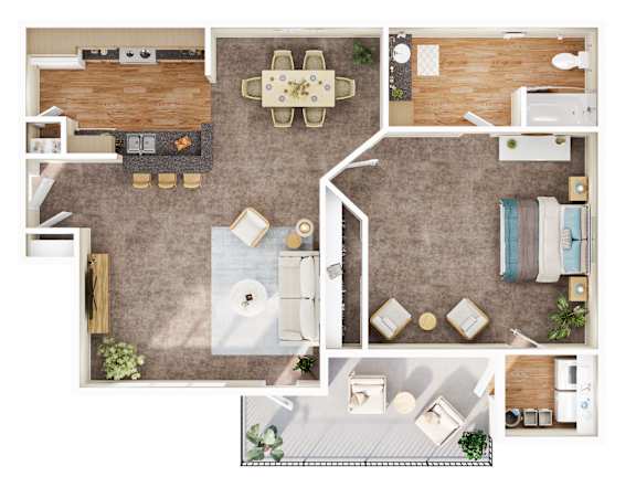 A top-down view of a living room, kitchen, and dining area.