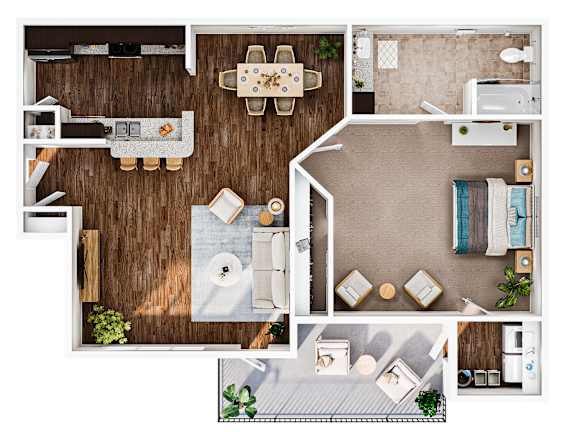 A top-down view of a house layout with a kitchen, living room, and bathroom.