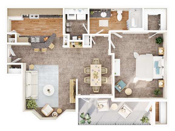 A top-down view of a living room, dining area, kitchen, and bathroom.
