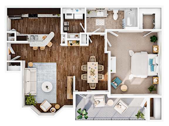 A top-down view of a living room, kitchen, dining area, and bedroom.