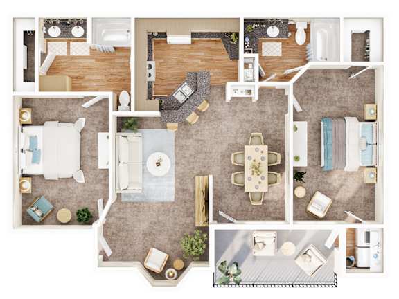 A top-down view of a house layout with a living room, dining room, kitchen, and bedrooms.