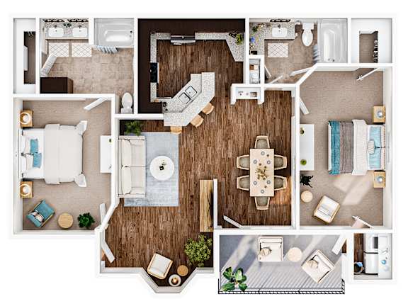 A top-down view of a well-organized apartment with a kitchen, living room, dining area, and bathroom.