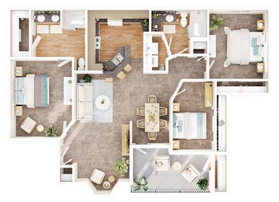 A top-down view of a house layout with a kitchen, living room, dining room, and bathrooms.