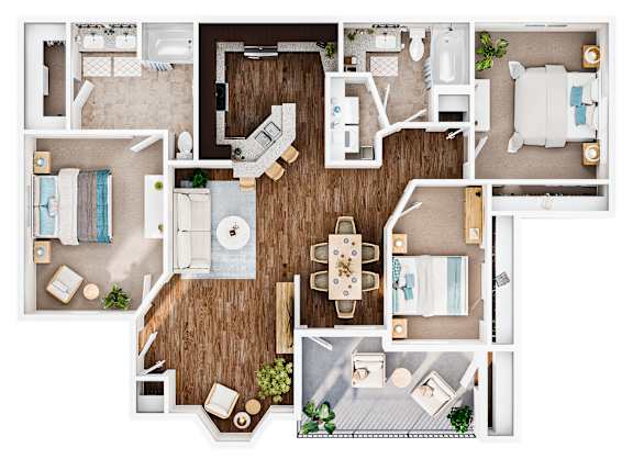 A top-down view of a house layout with a kitchen, living room, dining room, and bedrooms.