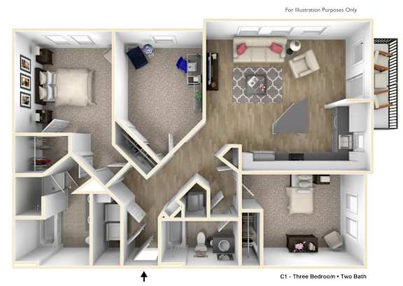 A 3D floor plan of a three bedroom apartment with two bathrooms.
