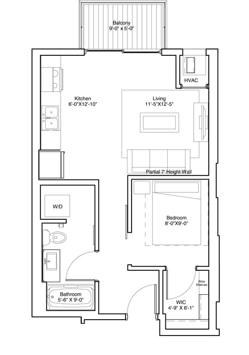 Vintage on Selby | Marlon | Studio with Alcove Apartment Floorplan