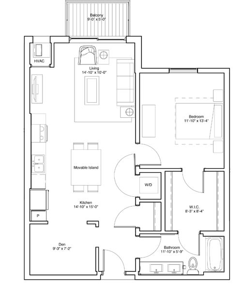 Vintage on Selby | Lucille with Den | One Bedroom Apartment 3D Floorplan