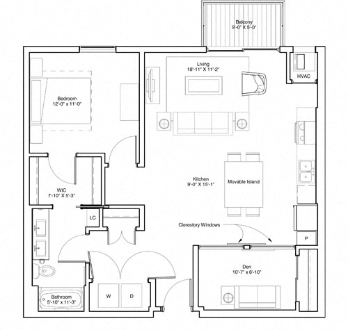 Vintage on Selby | Elizabeth with Den | One Bedroom plus Den Apartment 3D Floorplan