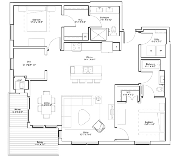 Vintage on Selby | Monroe with Den | Two Bedroom plus Den Apartment 3D Floorplan