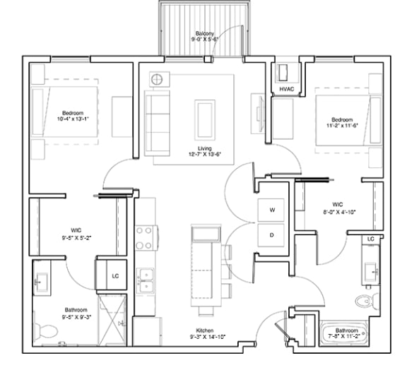 Vintage on Selby | Elizabeth with Den | One Bedroom plus Den Apartment 3D Floorplan